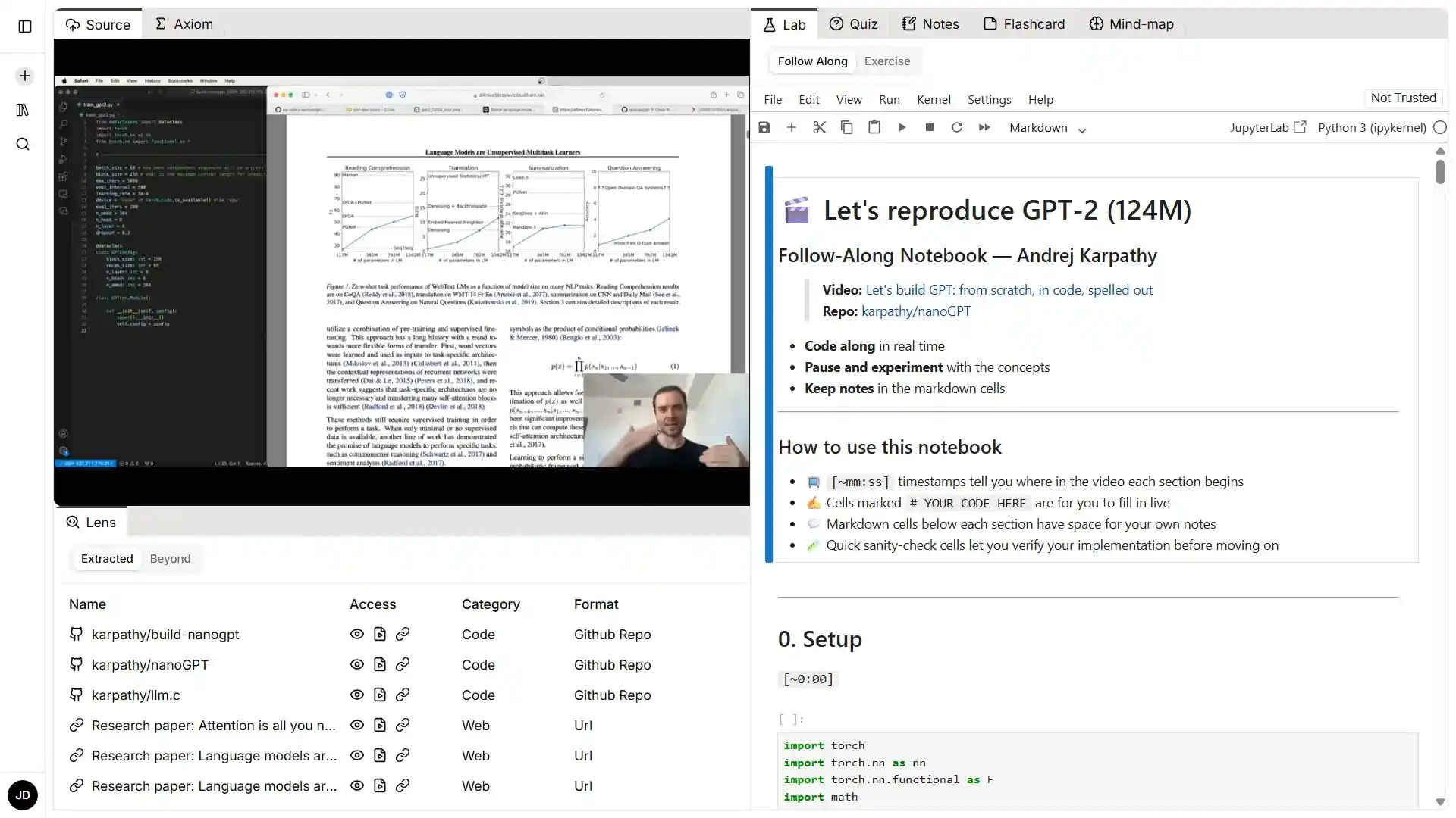 Last Lab lab interface showing runnable code cells alongside the source video